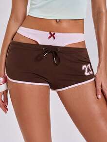 ACID BLVD Spring/Summer Y2K Sporty Girl Streetwear Patchwork Waistband Mini Contrast Color Shorts - Brown - View 6