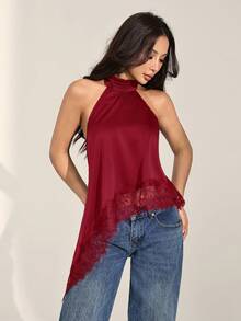 SHEIN PETITE 女款蕾絲飾邊掛脖休閒百搭日常外出上衣 - 紅色 - 查看 5