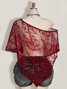 SHEIN ICON Women's Plus Size Lace One Shoulder Asymmetrical Hem Cover-Up Top - Burgundy - View 2