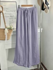 Comfortcana Plus Size Women Casual Vacation & Commute Solid Color Textured Fabric Drawstring Waist Wide Leg Pants Fall - Mauve Purple - View 8