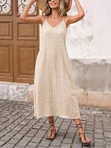 Brillora Vacation Solid Color Woven Textured Fabric Midi Strap Dress - Apricot - View 3