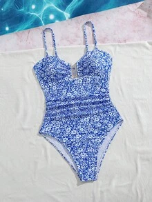 Swim Lushoire 女款藍色花卉U領連身泳衣，適合海灘熱帶度假、夏季輕盈派對 - 藍色 - 查看 4