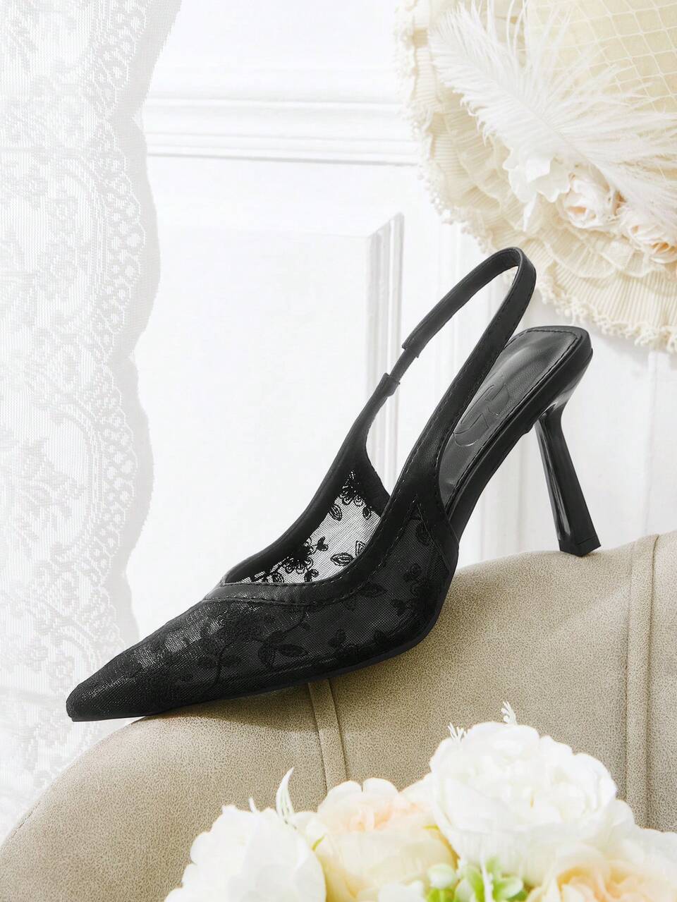 CUCCOO HITCHD Women Shoes New Pointed Stiletto Black Lace Mesh Back Lift High Heel Single Shoes Stylish Simple Sexy Elegant Banquet Party