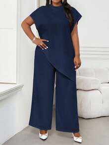 SHEIN Lady بلوزة نسائية كبيرة الحجم بلون أزرق داكن أنيقة، بياقة مستديرة وتصميم غير متماثل، فضفاضة، مناسبة لحفلات عيد الحب والشتاء - أزرق بحري - مشاهدة 5