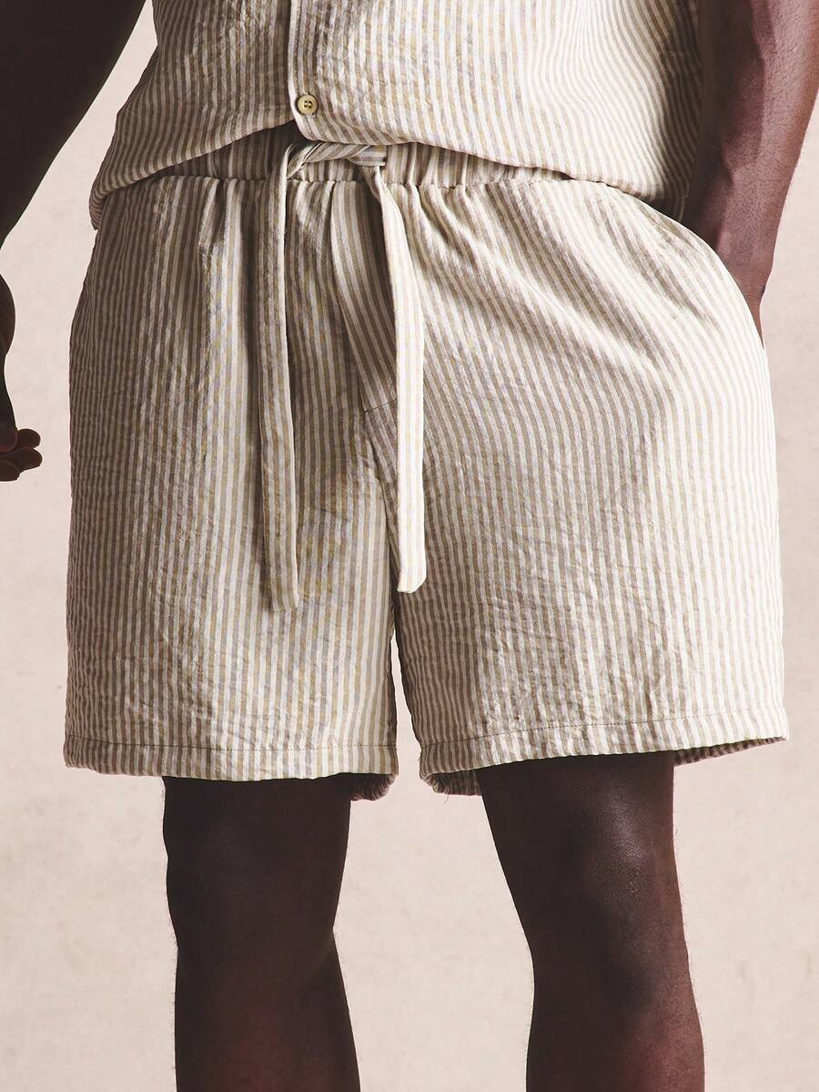 Musero Oversized Tonal Stripe Longer Length Patch Pockets Spring Summer Essentials Co-Ord Shorts Only - Khaki - View 1