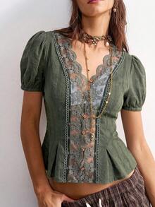 Bohemela 休閒純色梭織拼接蕾絲飾邊短袖女式襯衫 - 綠色 - 查看 8