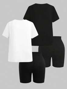SHEIN EZwear 多色大尺碼純色套裝 2件短袖 + 2件及膝長褲 4件組 - 彩色 - 查看 2