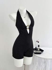 Elamini Spring Summer V-Neck Halter Neck Tie-Up Black And White Polka Dot Foil Fitted Cropped Women's Jumpsuit Night Out Party Club Sexy - Black - View 1