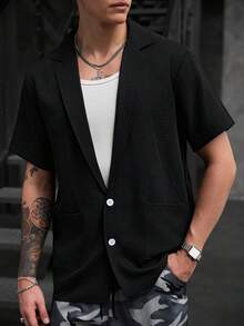 Manfinity CasualCool 男士西裝襯衫，大口袋翻領短袖薄款襯衫 - 黑色 - 查看 5