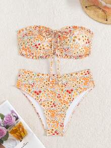 Swim Vcay 女款夏季海灘度假新款可愛平口荷葉邊甜美碎花精緻珍珠吊飾抽繩綁帶比基尼套裝 - 彩色 - 查看 7
