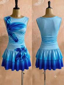 Girls' Sweet Gradient Set, Asymmetric Shoulder Sleeveless Cropped Top With Ruched Waist Design To Fit And Shape The Body, Double-Layer Ruffle Cake Mini Skirt For A Lively And Playful Look. Deep Blue To Light Blue Gradient Tie Dye With Large Floral Print For A Full Atmosphere. Suitable For Parties, Outings And Travel, Easily Create A Gentle And Sparkling Look. - Multicolor - View 3