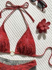 Swim Vcay 2026 Spring/Summer Women's Sexy Bikini, Red Triangle Cup Halter Neck, Drawstring Ruched Design With Gold Oval Decor, High Cut, Suitable For Beach, Seaside And Pool - Red - View 5