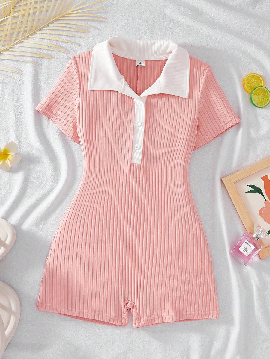 SHEIN 青少年女孩粉色拼色拼接翻領短連身褲,休閒校園風,開學季日常穿搭 - 粉色 - 查看 1
