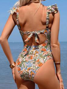Swim Lushoire 女款花卉隨機印花荷葉邊繫帶連身泳衣，適合夏季海灘度假穿搭 - 彩色 - 查看 2