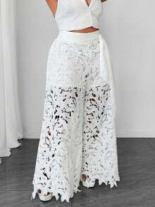 Maweii Plus Size French Romantic Style White Floral Hollow Lace Wide Leg Pants Vacation Style Cinched Waist Slimming Trousers - White - View 3