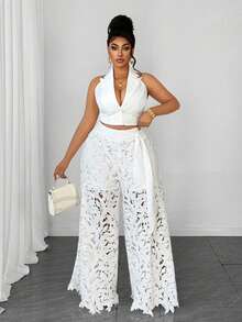 Maweii Plus Size French Romantic Style White Floral Hollow Lace Wide Leg Pants Vacation Style Cinched Waist Slimming Trousers - White - View 5