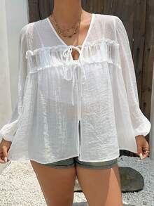 Dazy Plus Textured Fabric V-Neck Tie Front Cover Up Lantern Sleeve Long Sleeve White Semi-Sheer Spring/Summer Plus Size Women's White Shirt - White - View 6