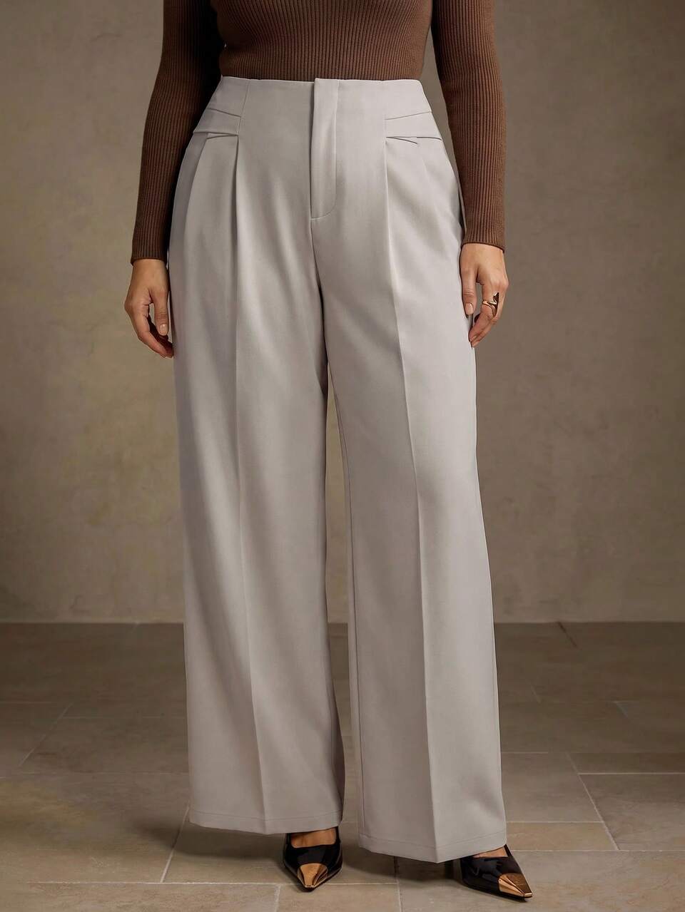 PLUS SIZE WOMEN'S FOLD PLEATED FRONT DESIGN FASHIONABLE COMMUTER STRAIGHT LEG TROUSERS