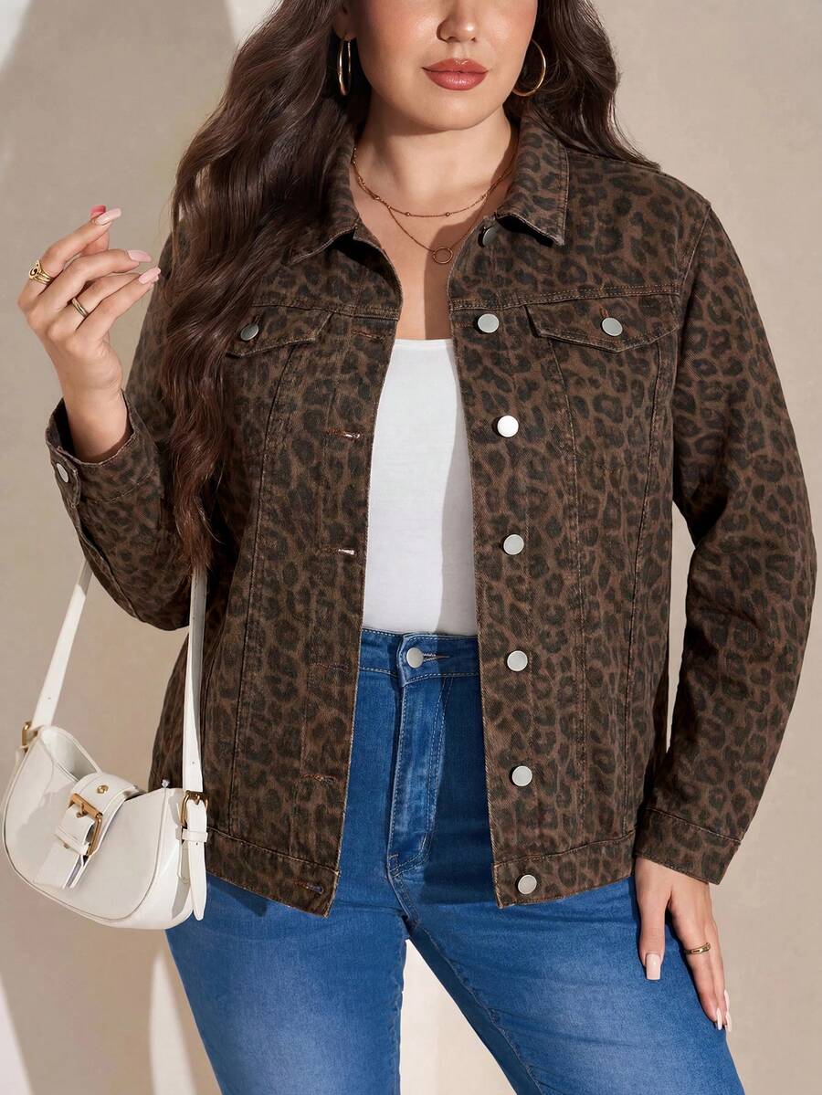 SHEIN MOD 大尺碼女款豹紋長袖單排扣休閒牛仔外套