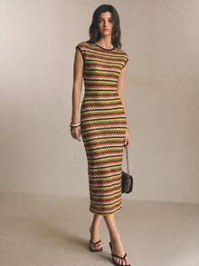 Poéselle Women's Striped Round Neck Cap Sleeve Fitted Elegant Long Dress - Multicolor - View 4
