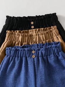 Tween Girl 3pcs Solid Color Elastic Waist Button Decor Casual Shorts - Multicolor - View 4