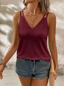 SHEIN LUNE Plus Size Women's Solid Color Casual Versatile Everyday Top - Burgundy - View 3