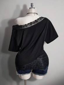 SHEIN ICON Plus Size Y2K Vintage Asymmetric Shoulder Lace Patchwork Loose T-Shirt - Black - View 9