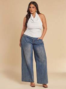 SHEIN BAE 大尺碼女款素色掛脖修身百搭日常休閒上衣 - 白色 - 查看 4