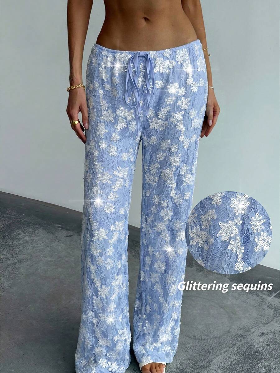 Aloruh 低腰度假派對綁帶直筒寬鬆女款蕾絲亮片藍色長褲 - 彩色 - 查看 1