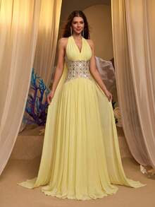 Glamrae Elegant & Glamorous Mesh, Hand-Applied Rhinestone Decor, Halter Neck Tie-Up Train, Women's Decorative Evening Gown - Light Yellow - View 7