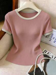 Elenzga Women's Summer Casual Daily Commute Ribbed Knit Contrast Trim Short Sleeve T-Shirt Date Pink And White - Pink - View 3