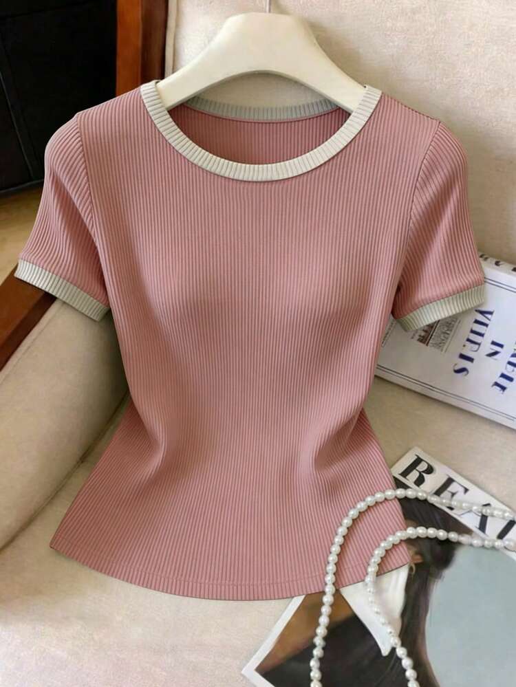 Elenzga Women's Summer Casual Daily Commute Ribbed Knit Contrast Trim Short Sleeve T-Shirt Date Pink And White - Pink - View 3