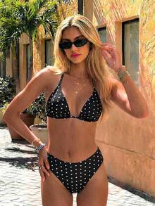Swim Mod 2026 Spring/Summer Women's Thin Strap Halter Neck Black Base White Polka Dot Random Print Sweet Cute High Cut Side Bikini Swimsuit Two Pieces Set - Black and White - View 3