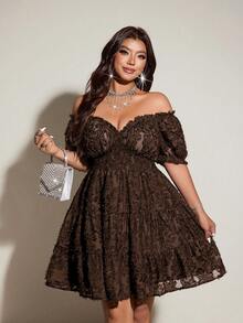 Viva Relle Vestido sexy de fiesta y cita para mujer talla grande con hombros descubiertos, encaje y volantes - Café integral - Ver 4