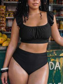 Swim Mod Plus Size Women's Summer Beach Solid Color Ruched Fashion Bikini Set Black - Black - View 1