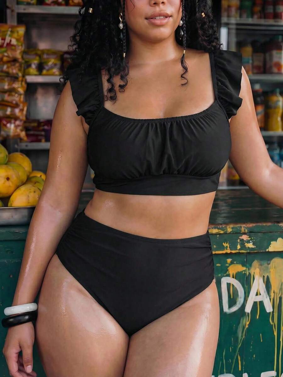Swim Mod Plus Size Women's Summer Beach Solid Color Ruched Fashion Bikini Set Black - Black - View 1