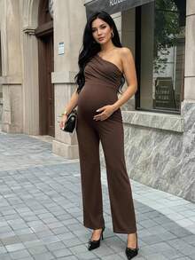 MaterniWear Maternity Solid Color Pleated Asymmetric Neckline Elegant Sleeveless Jumpsuit Baby Shower Photoshoot Summer Maternity Photoshoot - Brown - View 3