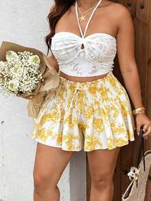 Sunnyshic Plus Size French Vintage Print Shorts, Shirred, Lace-Up, Ruffle, Elastic Waist Concealing Shorts, Blue Porcelain White Ruched Ruffle Mini Pants, High Waist Patchwork Gathered Pants, Suitable For Summer Vacation And Beach Trips, Travel Photography, Dating - Multicolor - View 3