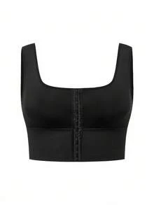 SHAPORA Plus Size Fashion Front Button Cropped Camisole Shapewear And Waist Cincher Shorts Set - Black - View 7