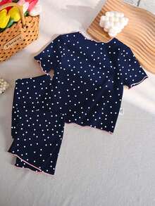 Baby Girls New Fashion Hot-Selling Bowknot Pattern Polka Dot Print Knit Ruffle Trim Round Neck Top With All-Over Print Long Pants 2-Piece Set Loungewear 1Set - White - View 2