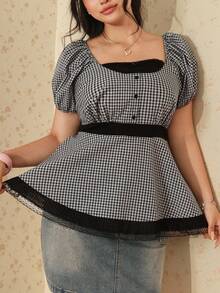 CovetEZ Spring/Summer New Black & White Plaid Contrast Ruffle Hem Casual Plus Size T-Shirt - Black and White - View 5