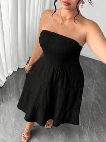Elenzga Women's Strapless Cinched Waist Ruffle Trim Patchwork A-Line Textured Elegant Vacation Summer Plus Size Dress - Black - View 6