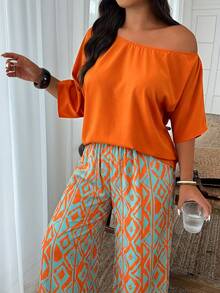 Weeklong Plus Size Orange Off-Shoulder Loose Top & Geometric Print Wide Leg Pants Set, Casual Resort Style For Spring Summer Fall - Multicolor - View 5