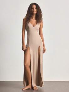 Ocili Spaghetti Strap Dress With Side Slit, Comfortable Rib Knit Loungewear Dress For Women - Khaki - View 4
