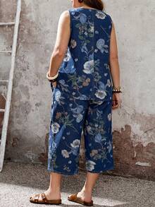 SHEIN EMERY ROSE CURVE 大尺碼女款花卉印花上衣與長褲休閒日常套裝 - 藍色 - 查看 4