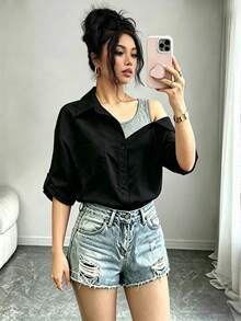 SHEIN Raffinéa 女士常规白衬衫，带假吊带，露肩中袖二合一，优雅休闲通勤时尚派对商务百搭 - 黑色 - 查看 3