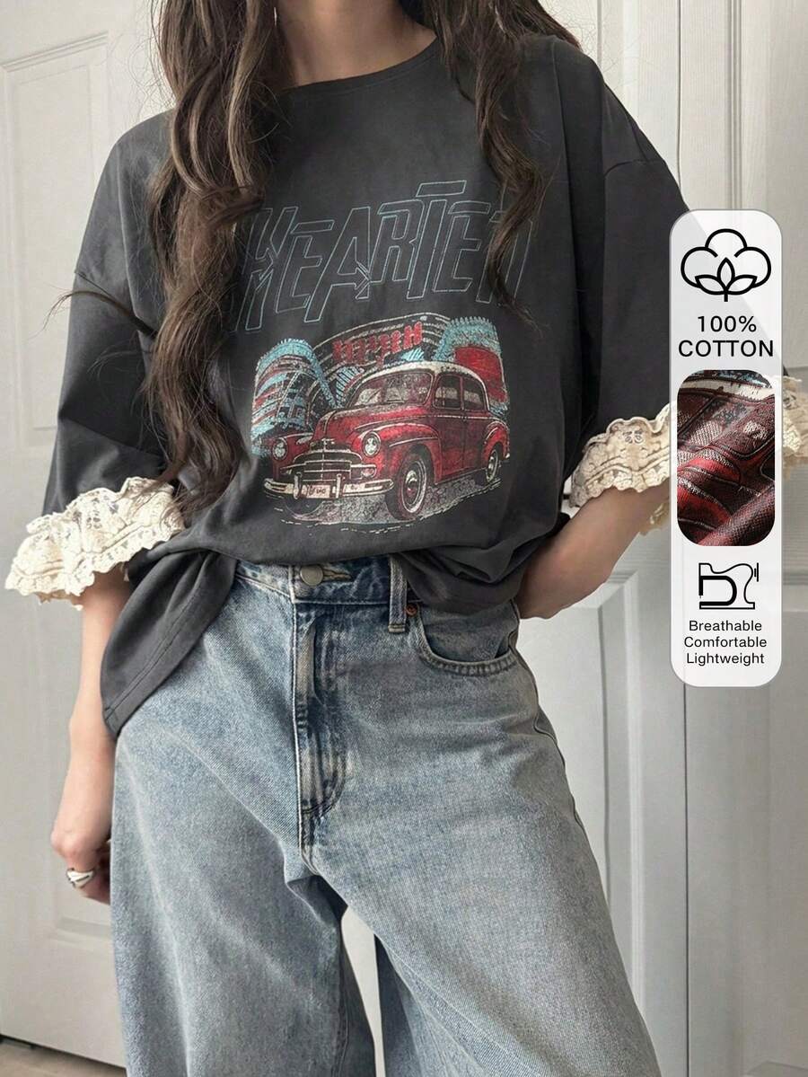 FRIFUL 女款休閒寬鬆字母印花蕾絲拼接短袖T恤,透氣棉混紡,春夏百搭圖案T恤 - 灰色 - 查看 1