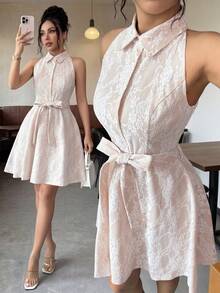 Vestido corto sin mangas con estampado floral y cinturón, adecuado para vacaciones de verano OPML - Multicolor 4 - Ver 8