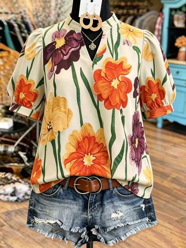 Linhara Plus Size Women's Romantic Style Large Floral Print Graffiti Blouse, Vintage Pastoral, Suitable For Daily Simple Fresh Outings/Grocery Shopping, Country Music Festival, Spring/Summer/Autumn, Shirt Notch Neck, Puff Short Sleeves, Holiday Outings, Vacation