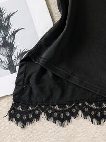 SHEIN 女童休閒個性化細肩帶背心上衣，黑白針織面料，不對稱肩帶與下擺，適合旅行、度假、散步、外出，可搭配長褲、短褲、裙子、外套 - 黑色 - 查看 3